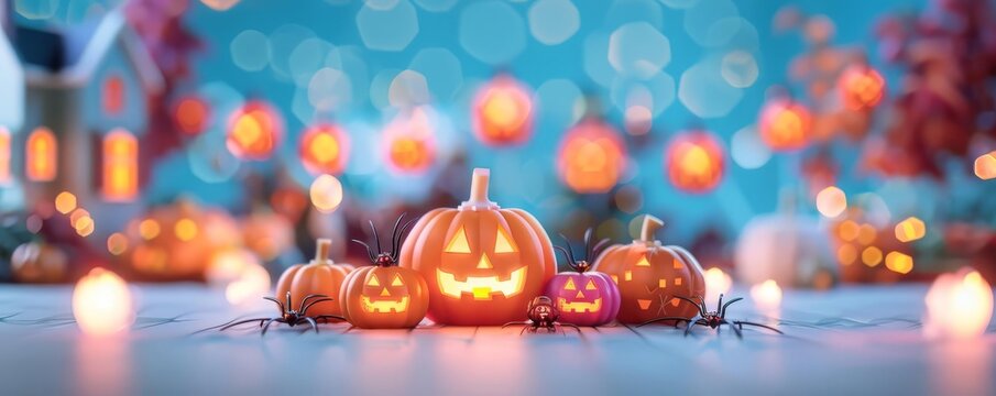 Halloween spider flat design front view haunted house theme 3D render banner Triadic Color Scheme