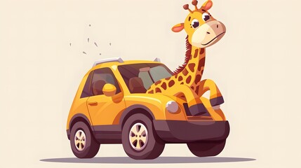 Cute Giraffe Riding Car Illustration. Giraffe Flat Cartoon Style concept