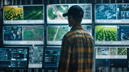 Future Farming Innovative Technology in Agriculture Control Room Monitoring Crop Health and Weather Forecasts on Large Displays