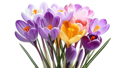Fototapeta premium Isolated white background with spring crocus bouquet in various colors