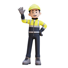 3D Construction Worker Character Waving Hand Pose