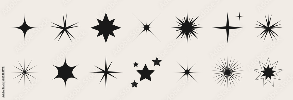 Poster set of blinking stars, sparks and sparkles. shining twinkle sunburst shapes collection. magic light 