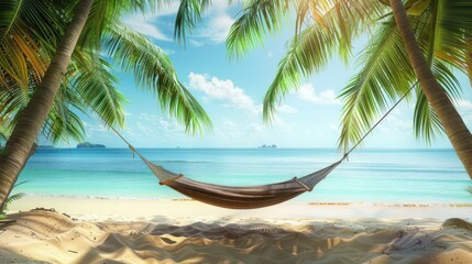Fototapeta premium Hammock hanging between two coconut trees , with beautiful tropical beach background