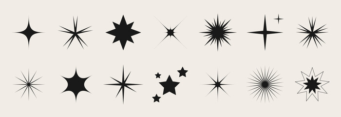 Set of blinking stars, sparks and sparkles. Shining twinkle sunburst shapes collection. Magic light flare pack for design template, poster, banner, brochure, leaflet. Vector glint glitter illustration