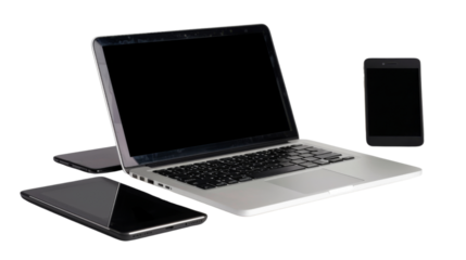 Laptop computer, tablet and mobile phone on transparent background