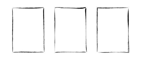 Grunge rectangle frame set. Different paint brushed border collection. Black chalk or ink rectangular uneven stroke design elements for banner, poster, flyer, brochure, cover. Vector A4 carde