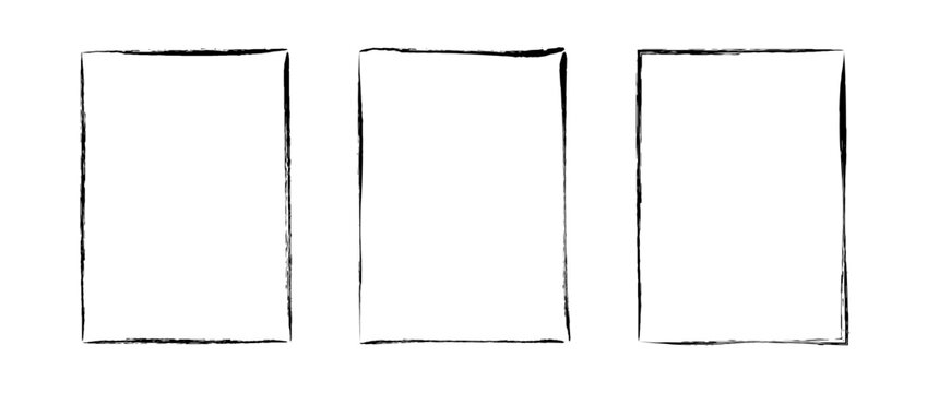 Grunge rectangle frame set. Different paint brushed border collection. Black chalk or ink rectangular uneven stroke design elements for banner, poster, flyer, brochure, cover. Vector A4 carde