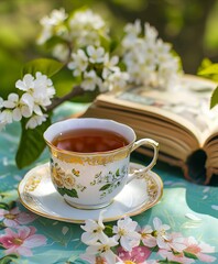 A cup of tea and an open book on a table.