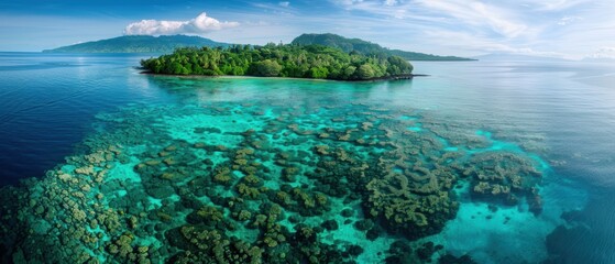 Naklejka premium Bird's eye view of an underwater landscape, vibrant coral reefs, clear blue waters, marine life, natural beauty