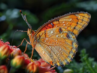 A close-up of a butterfly resting on a rain-soaked flower, its wings covered in tiny droplets. The vibrant colors of the butterfly's wings are magnified by the droplets, creating a