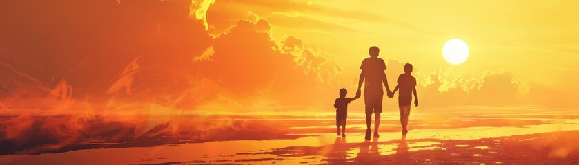 Parent and child silhouette walking away