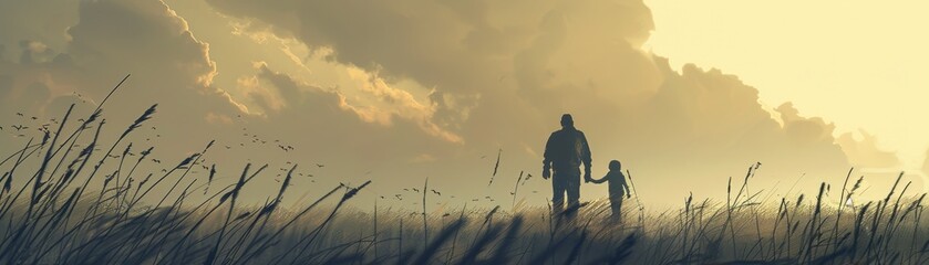 Parent and child silhouette walking away