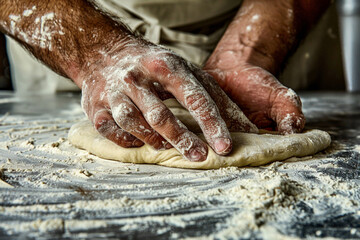 A man is making a pizza dough with his hands