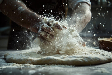 A man is making pizza dough and it is very messy