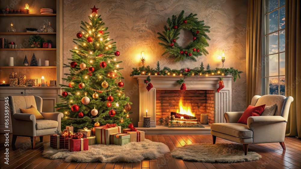 Poster Cozy room with fireplace, festive decorations, and Christmas tree, cozy, room, fireplace, festive, decorations