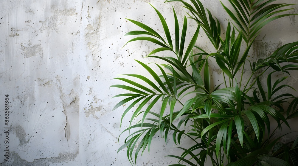 Wall mural fresh and green bamboo palm leaves or lady palm leaves growing near white concrete wall. plants for  - Wall murals
