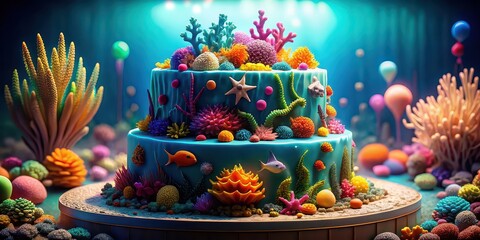 Vibrant underwater-themed birthday cake with intricate coral and fish designs against a brilliant background
