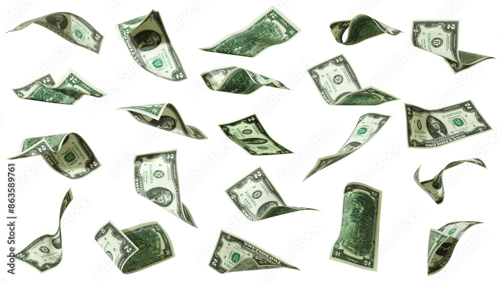 Poster 3d rendering of set of us dollar notes flying in different angles and orientations isolated on trans