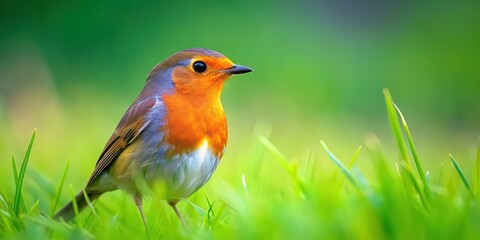 Fototapeta premium A beautiful robin perched in a lush green grassy field , bird, wildlife, nature, grass, vibrant, colorful, feathers, wings, small
