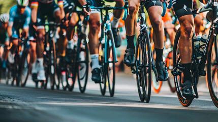 Close-up shot focusing on the legs of cyclists during a competitive race. The image captures motion, endurance, and the intensity of the competition. Perfect for sports and fitness themes.