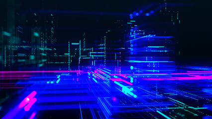 Data flow information. Digital communication concept. Blue futuristic flow. Abstract futuristic sci-fi background with particle and line mesh. Connection and connectivity concept. 3D rendering.