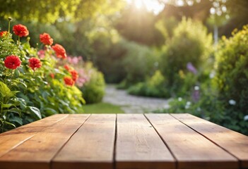 table with flowers for product visualization in the garden
