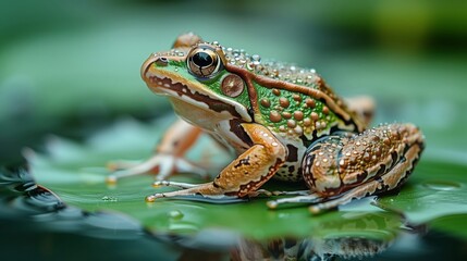 Obraz premium A close-up of a frog resting on a lily pad, its skin covered in tiny droplets of rain. The vibrant green of the frog and lily pad creates a harmonious palette, with the water addin