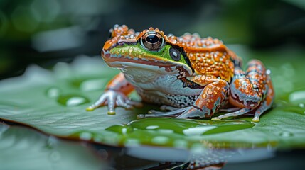 Obraz premium A close-up of a frog resting on a lily pad, its skin covered in tiny droplets of rain. The vibrant green of the frog and lily pad creates a harmonious palette, with the water addin