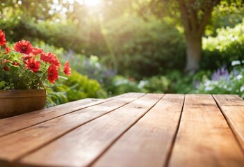 table with flowers for product visualization in the garden