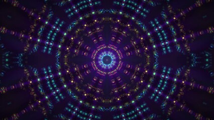 Looped fractal kaleidoscope with highly detailed trippy visual patterns and pulsating shiny light. Colorful ornament mandala for trance music festival and art performance. Seamless vj loop , 4k 30fps - Powered by Adobe