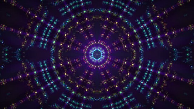 Looped fractal kaleidoscope with highly detailed trippy visual patterns and pulsating shiny light. Colorful ornament mandala for trance music festival and art performance. Seamless vj loop , 4k 30fps