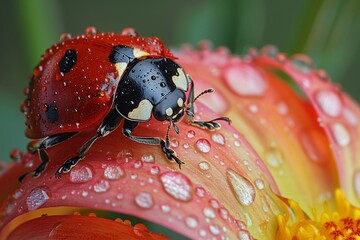 Obraz premium A close-up of a ladybug resting on a rain-soaked flower petal, its shell glistening with tiny droplets. The rich red and black of the ladybug create a striking contrast with the de