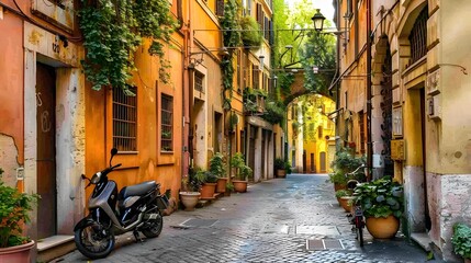 Fototapeta na wymiar Cozy street in Trastevere, Rome, Europe. Trastevere is a romantic district of Rome, along the Tiber in Rome. Turistic attraction of Rome