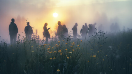 Silhouetted Figures in Foggy Meadow at Sunrise 