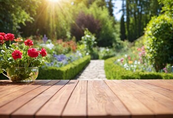 Fototapeta premium table with flowers for product visualization in the garden