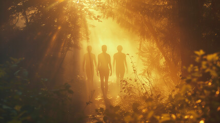 Summer Camp Kid Silhouettes in Misty Golden Sun Filled Forest at Sunset