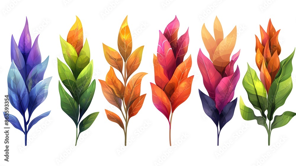 Wall mural set of bromeliad leaf, natural beautiful bright colorful leaves isolated on white - Wall murals