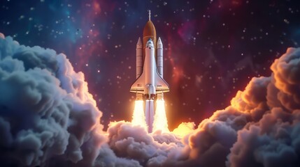 Fototapeta premium A powerful rocket launches into space, surrounded by billowing clouds and intense fire at the base, symbolizing power and innovation