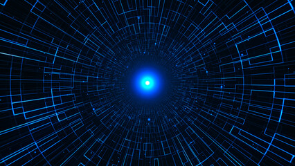 Flight motion graphics in digital cylindrical tunnel with particles. Abstract digital background. Data flow information. Technological tunnel. 3D rendering.