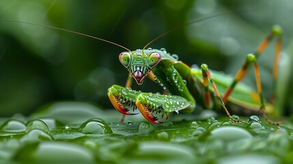 A close-up of a praying mantis perched on a rain-soaked leaf, its body covered in tiny droplets of water. The vibrant green of the mantis and leaf creates a harmonious palette, wit