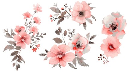 set watercolor pink  flower for wedding decoration invitation on white background