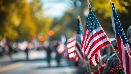 Digital background featuring a military parade with American flags on a sunny day, with bokeh, light and shadow effects, and a depth of field with blurred people in the foreground