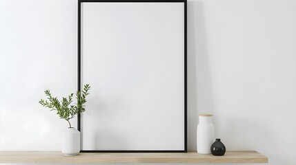 Empty mock up black poster frame on wooden shelf. Interior design of modern living room with white...