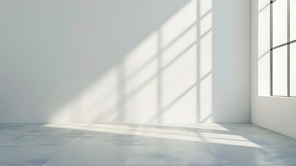 Obraz premium Empty white spacious room or bright studio with sunlight and shadows of window. Light reflection on white wall and gray floor in modern minimalistic interior