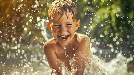 Obraz premium excited boy having fun between water splashes, in fountain. Summer concept.