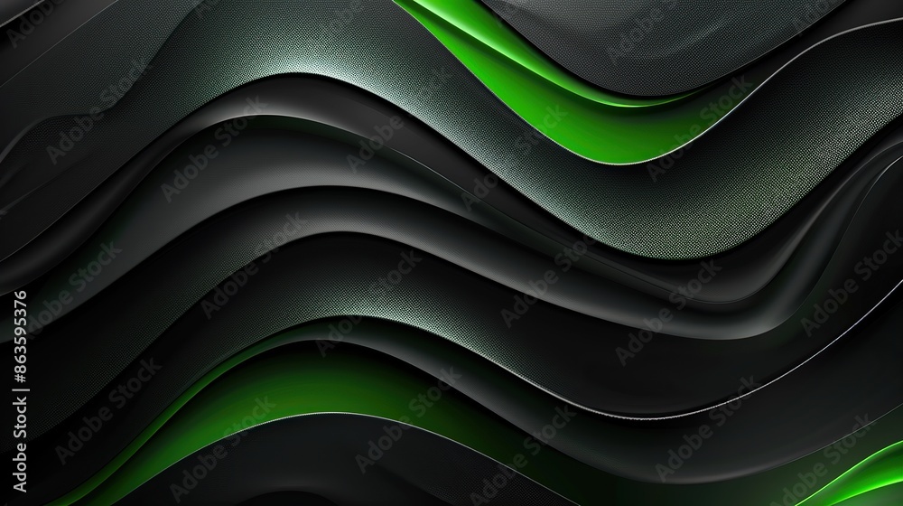 Wall mural A green and black abstract painting with a wave pattern