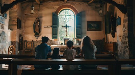 Family sitting on the bench in small church and praying