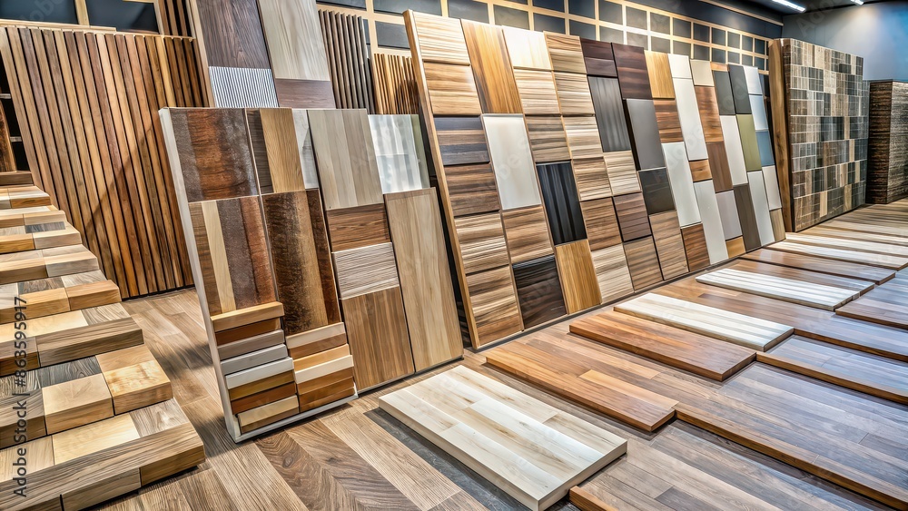 Poster Assortment of wooden-like tiles for flooring in an interior shop, wood-like, tiles, flooring, interior, shop