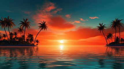 Tropical Island Sunset with Silhouette Palm Trees and Calm Waters Reflecting the Vibrant Sky Natural Background