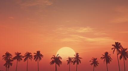 Tropical Island Sunset with Silhouette Palm Trees and Calm Waters Reflecting the Vibrant Sky Natural Background